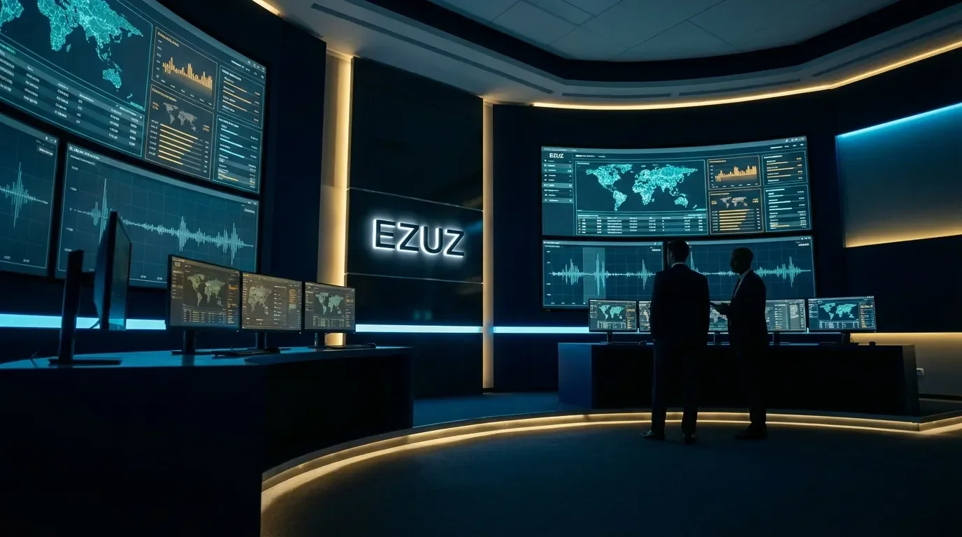 חדר מודיעין עסקי מתקדם עם מסכים דיגיטליים